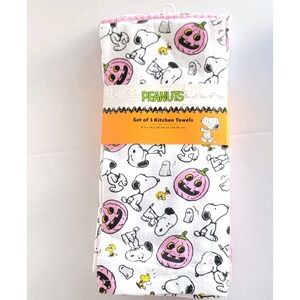NEW 2025 Peanuts Pink Pumpkins Snoopy Set Of 3 Halloween Kitchen Towels 100% Cot
